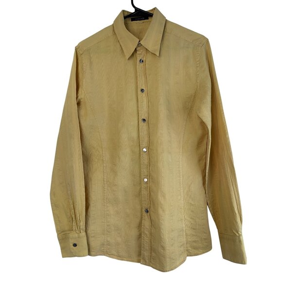 Vintage Y2K Versace Mens Yellow Cotton Shirt Silver Logo Snaps M